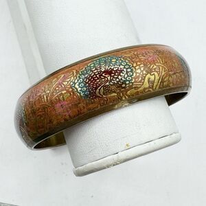 Vintage Brass Enamel Peacock Colorful Bohemian Boho Chunky Bangle Bracelet